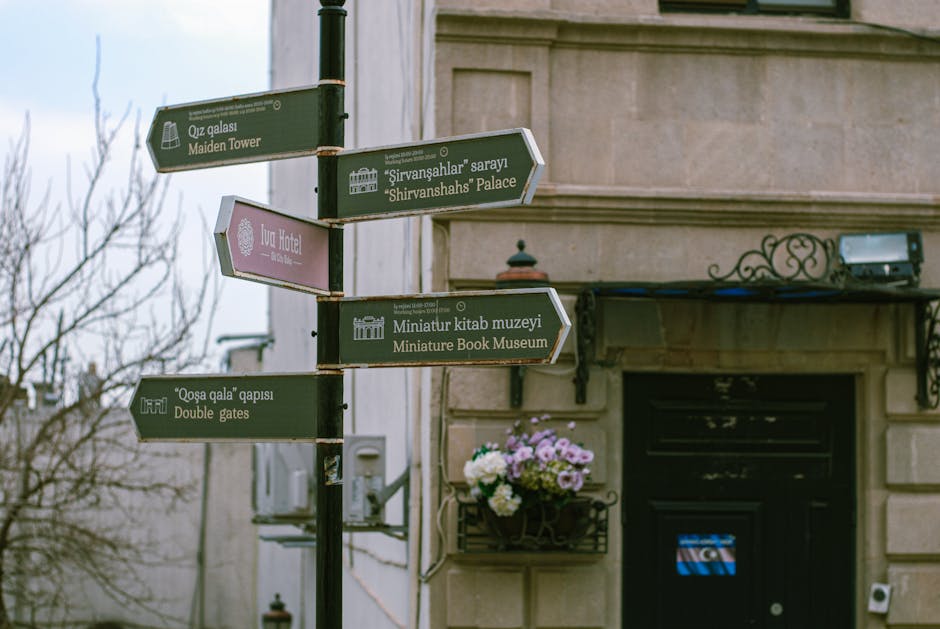 Street signs in Baku showing directions to historical landmarks in the Old Town area.